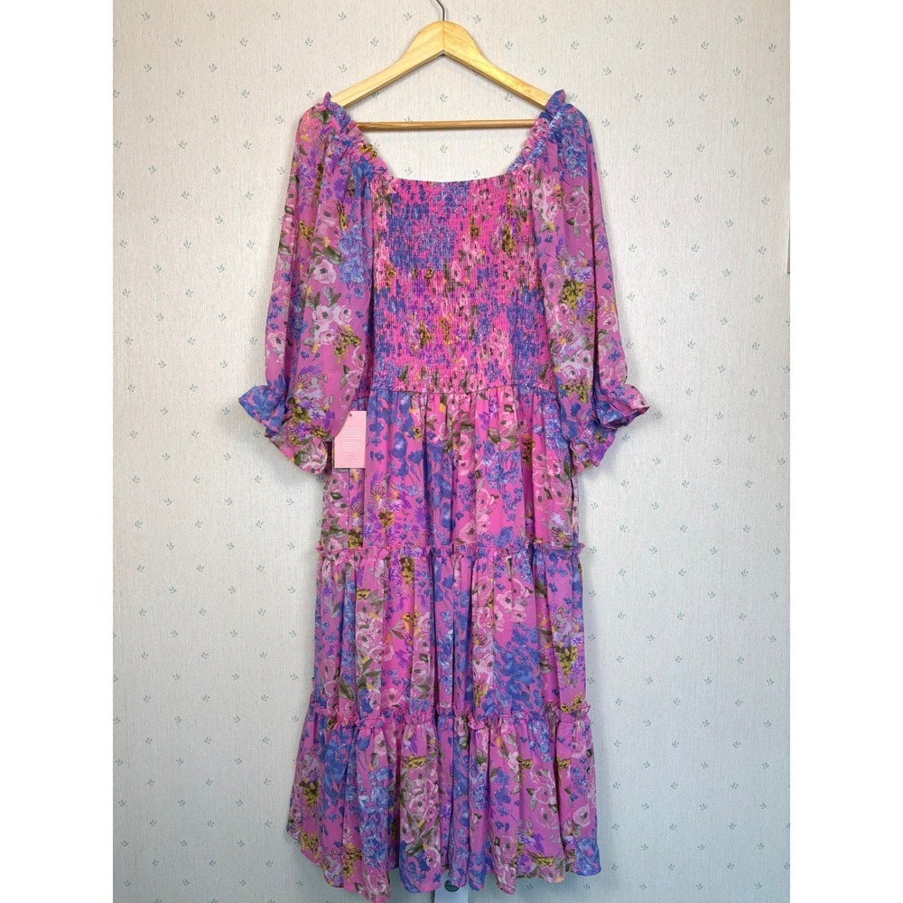 Ivy City Co Rowan Midi Dress 1X Pink Floral Smocked Tiered Cottagecore Vacation - Picture 12 of 12